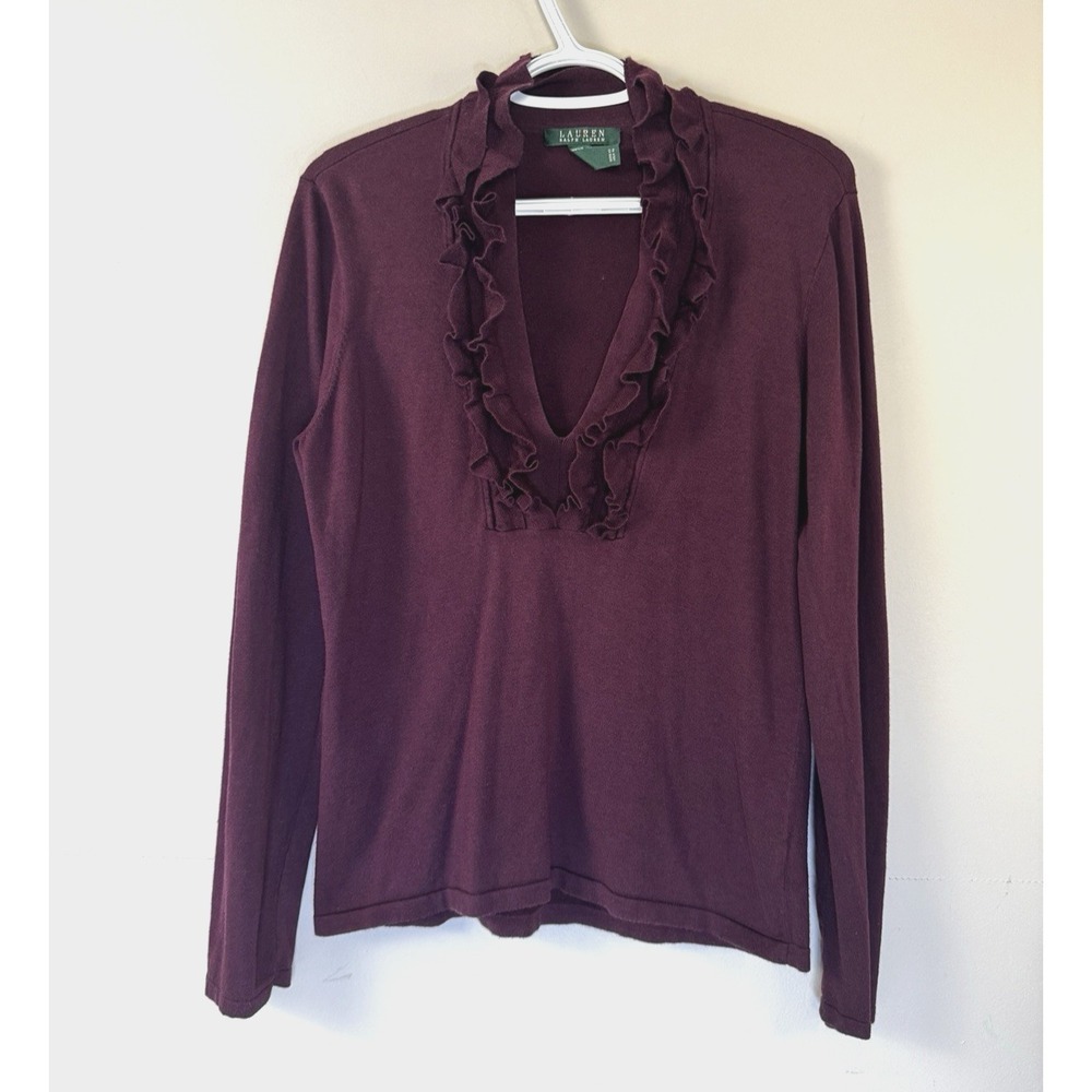 Ralph Lauren Burgundy V-Neck Ruffle Trim Sweater Silk Cotton Prep Classic Large